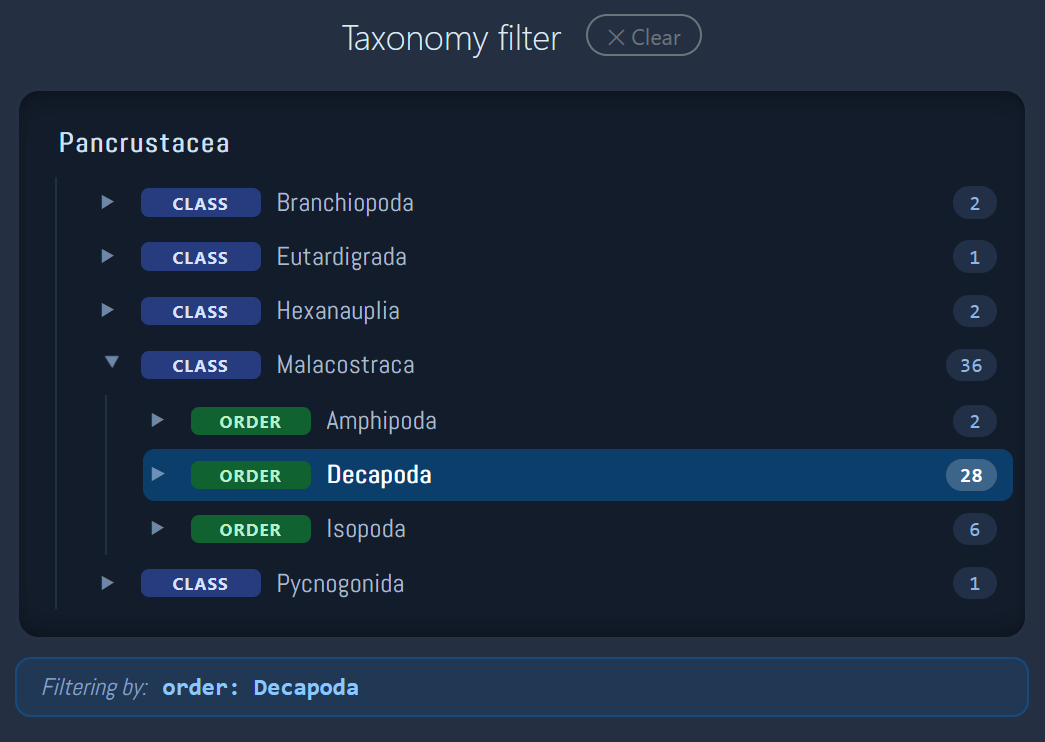 Crustome taxonomy filter screenshot